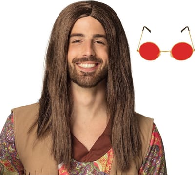 Boland Hippie Sixties verkleedset - Pruik lang haar bruin - bril rood ronde glazen - heren - Flower Power look