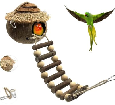 KZQ Hangend Vogelhuisje van Kokosvezel - Natuurlijk Nest met Ladder - Geschikt voor Papegaaien, Parkieten en Kanaries - Kooispeelgoed, Verstopplaats