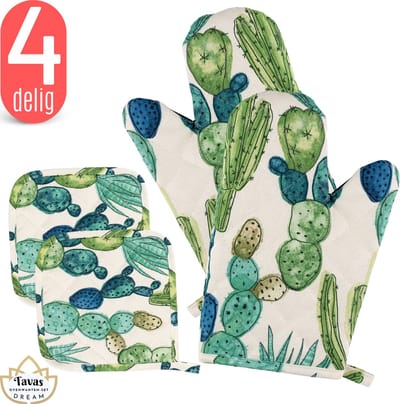 Tavas DREAM Ovenwanten Set Cactus Katoen Ovenwanten en Pannenlappen Ovenwanten 2 stuks Hittebestendig Pannenlappen 2 stuks Ovenhandschoenen tot 250Â°C