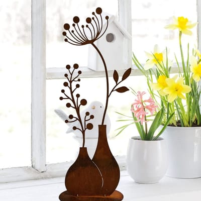 Stalen design, roestfiguur, bloem in vaas, 50 cm, paardenbloem, tuindecoratie voor buiten en binnen, tuindecoratie, lente, roestmetaal, roest buiten