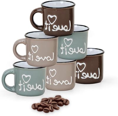 matches21 Espressobeker emaille look Love It & Heart Set van 3 verschillende kleuren blauw lichtbruin donkerbruin keramiek 5 cm/50 ml per stuk