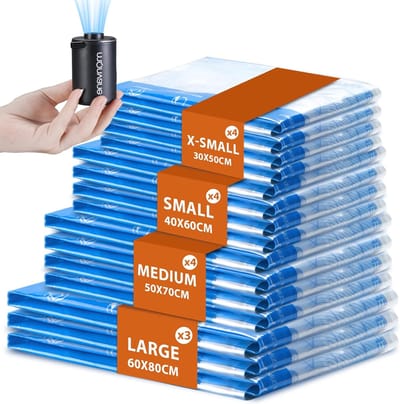 Thijox - Vacuümzakken voor Kleding met Elektrische Pomp - 15 Stuks (3 Large 60x80 cm, 4 Medium 50x70 cm, 4 Klein 40x60 cm, 4 x Klein 30x50 cm) - Ideaa