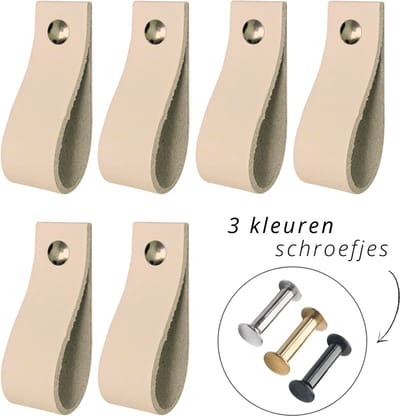 Handles and more - 6x Leren handgrepen lusjes - Naturel - XS (12,6 x 2,5 cm) - incl. 3 kleuren schroefjes (handgreepjes - leren grepen - greepjes - leren lusjes)