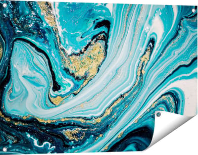 Gards Tuinposter Abstracte Luxe Kunst in het Blauw met Goud - 90x60 cm - Tuindoek - Tuindecoratie - Wanddecoratie buiten - Tuinschilderij