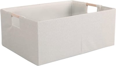 Opvouwbare katoenen linnen opbergmand met houten handgrepen - beige, medium