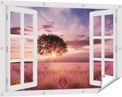 Gards Tuinposter Doorkijk Bloemenveld met Lavendel bij Zonsondergang - 120x80 cm - Tuindoek - Tuindecoratie - Wanddecoratie buiten - Tuinschilderij