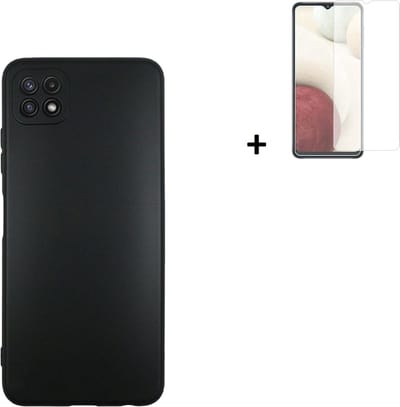 Hoesje Geschikt voor Samusung Galaxy A22 5G - Screenprotector A22 5G - Siliconen - Samsung A22 5G Hoes Zwart Case + Tempered Glass