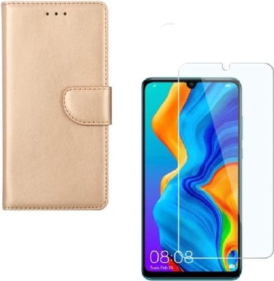 hoesje Geschikt voor: Huawei P30 Portemonnee Goud met 2 stuks Glas Screen protector
