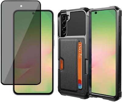 Pasjes Houder Hoesje & Privacy Screenprotector geschikt voor Samsung Galaxy A56 / A36 Hoesje Screenprotector - Gehard Glas Cover Privé + Heavy Duty Case - Magnetisch Portemonnee Hoesje Cover - Zwart