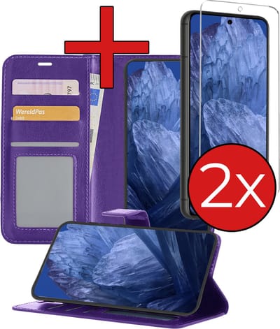 Hoesje - Met 2x Screenprotector - Geschikt voor Google Pixel 8a - Luxe Pasjeshouder - Flip Case - Bookcase Portemonee - Kunstleer Book Case - Flipcase Hoes - Book Cover - Walletcase - Portemonneehoes - Telefoonhoes - Paars