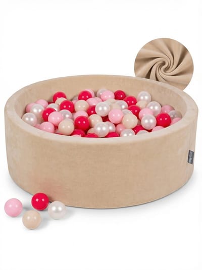 KiddyMoo Ballenbak fluwelen rond 90x30cm 200 ballen - Zacht Velours Ballenbad - Zand Beige