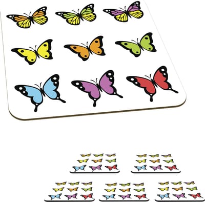 Onderzetters voor glazen - Een illustratie van negen vlinders op een witte achtergrond - 10x10 cm - Glasonderzetters - 6 stuks