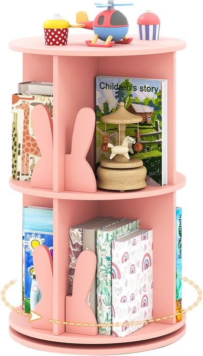 COSTWAY Draaibaar boekenkast voor kinderen, kinderrek met 2 niveaus en hazenscheidingswanden, 360 graden, kinderboekenrek, vrijstaand, speelkamer, 40 x 40 x 65 cm (roze)