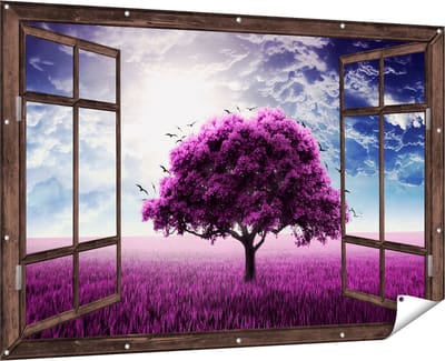 Gards Tuinposter Doorkijk Paarse Boom in het Paars Veld met Vogels - 180x120 cm - Tuindoek - Tuindecoratie - Wanddecoratie buiten - Tuinschilderij