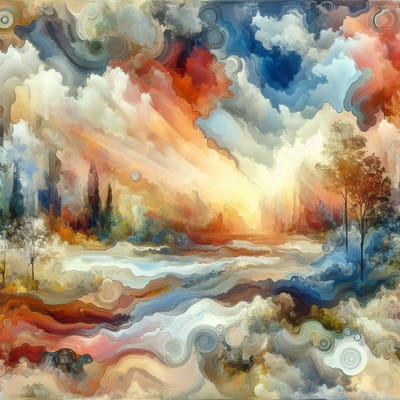 Olieverf aquarel schilderij | Prachtig spel van kleuren en licht in olie-aquarel kunstwerk | Kunst - 40x40 centimeter op Dibond | Foto op Dibond