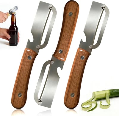 Dunschiller, 3 stuks, met houten handvat, universele groenteschiller van roestvrij staal met geïntegreerde flesopener, 2-in-1 aardappelschiller en fruitschiller voor de keuken (3)