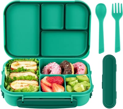 Famanu – Lunch Box Adults/Kids,Bento Box Kids,1200ML-4 vakken Lekvrij Lunchbox met Keukengerei,Lunchbox Voor Volwassenen,Lunch Container,Snackbox Sandwichbox,Herbruikbaar (Groen)