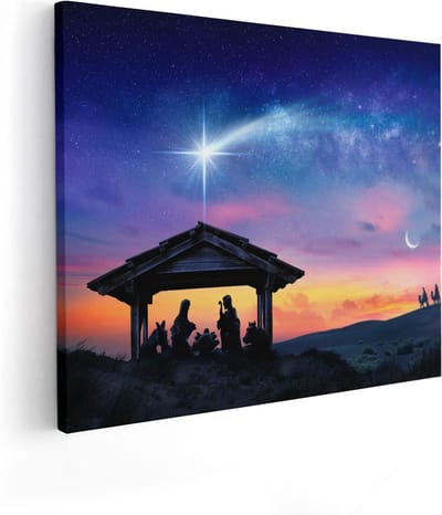 Artaza Canvas Schilderij Geboorte Jezus - 50x40 cm - Christelijke Muurdecoratie - Wanddecoratie Zonsondergang - Kamer Accessoires