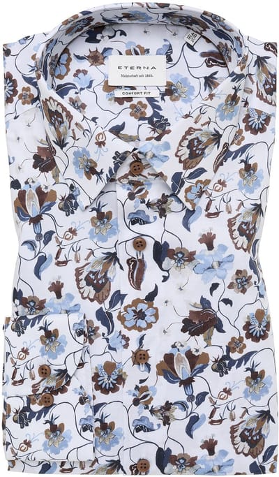 Overhemd bruin blauw geprint Eterna Comfort Fit geprint bloemen