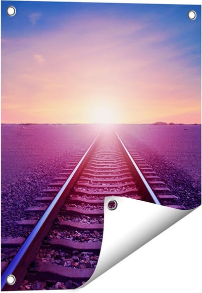 Gards Tuinposter Rails Spoorweg in de Woestijn bij Zonondergang - 40x50 cm - Tuindoek - Tuindecoratie - Wanddecoratie buiten - Tuinschilderij