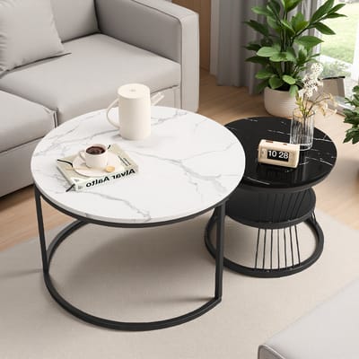 Set van 2 Ronde Salontafels – Moderne Koffietafels met Zwart Metalen Frame – 70 cm & 45 cm – Ruimtebesparende Bijzettafels