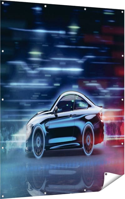 Gards Tuinposter Zwarte Sportwagen Auto - 120x160 cm - Tuindoek - Tuindecoratie - Wanddecoratie buiten - Tuinschilderij