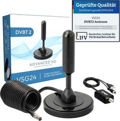VSG 24 91031 DVB-T2 Antenne, 36 dB Actieve Versterker, HD TV Ontvangst, Plug & Play, 5 m Kabel, Zwart