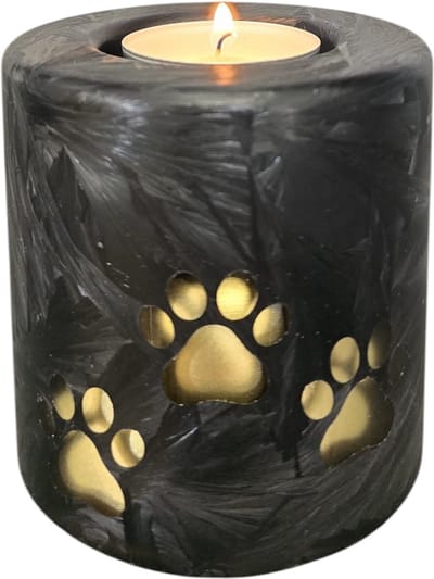 Terroso - Mini urn huisdier - Glazen urn met kaars - Pootafdruk - Voor hond, kat of ander huisdier - Zwart - 160 ml - Handgemaakte dierenurn