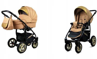 BabyLux® Kinderwagen 2in1 – GOLDLUX - SAND PEARL BLACK FRAME - Opklapbare Wandelwagen incl. Reiswieg, Multifunctionele Buggy Sportstoel - Combi-kinderwagen met Luiertas, Regenhoes, Klamboe, Bekerhouder, etc.
