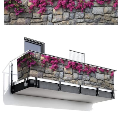 Balkonscherm 500x110 cm - Balkonposter Bougainvillea - Stenen Muur - Roze - Balkon scherm decoratie - Balkonschermen - Balkondoek zonnescherm