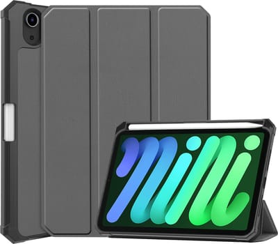 Hoesje Geschikt voor Apple iPad Mini 6 (2021) - 8.3 inch - 6e Generatie - Met Screenprotector - Trifold Bookcase - Hard Cover Case - Met Uitsparing Geschikt voor Apple Pencil - Hardcover Book - Tablet Hoes - Grijs