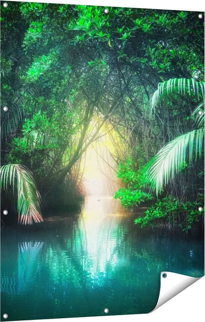 Gards Tuinposter Tropische Jungle met een Turquoise Meer - 90x120 cm - Tuindoek - Tuindecoratie - Wanddecoratie buiten - Tuinschilderij