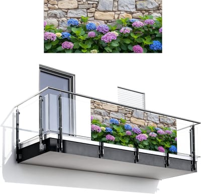 Balkonscherm 200x90 cm - Balkonposter Hortensia - Bloemen - Bladeren - Stenen - Balkon scherm decoratie - Balkonschermen - Balkondoek zonnescherm