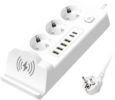 Oneproduct Stekkerdoos met Schakelaar - Stekkerdoos met usb - Draadloze Telefoon Oplader - Verlengsnoer - Verlengkabel - 4x USB - 2x USB C - 3 Stopcontacten - Wit