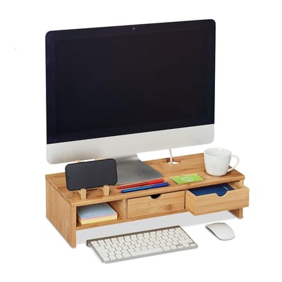 Famanu – Bamboe monitorstandaard met open vak + 2 lades – laptop/beeldscherm verhoger – 13x54x23 cm