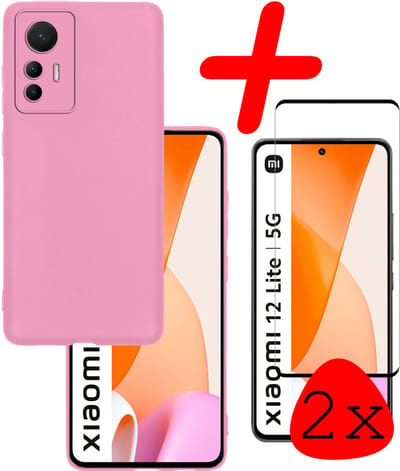 Hoesje Met 2x Screenprotector - Geschikt voor Xiaomi 12 Lite - Sterk & Shockproof - Back Cover - Siliconen Case - Telefoon Hoes - Lichtroze