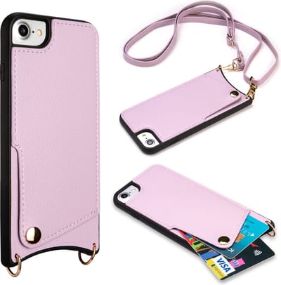 Casemania Hoesje Geschikt voor Apple iPhone SE (2022 / 2020) - iPhone 7/8 - Back Cover met Draagkoord - Pasjeshouder Hoes met Bandje - Crossbody Telefoonhoesje - Lanyard Case - Paars