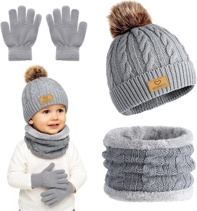 3-delige Kinderen Winterset met Muts, Sjaal en Handschoenen - Fleece Nekwarmer en Gebreide Wantjes voor Jongens en Meisjes