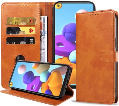 Geschikt voor Samsung Galaxy A21s Telefoonhoesje Kunstleer met Magnetisch lipje en Pasjeshouder Book Case met Klepje - Bruin - Smartphonica geschikt voor Samsung Galaxy A21s