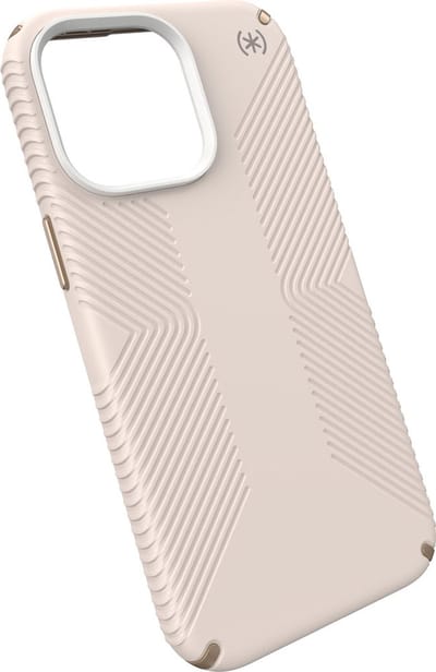 Speck hoesje geschikt voor Apple iPhone 15 Pro Max - Ultieme Bescherming en Grip - Luxe Soft-touch Afwerking - Valbescherming gecertificeerd tot 4 meter - Microban Antibacterieel - Presidio2 Grip lijn - Beige Geel