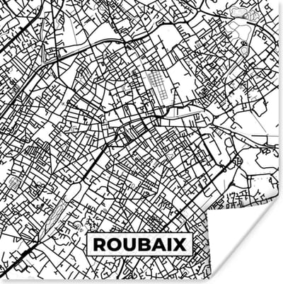 Poster Kaart - Stadskaart - Roubaix - Frankrijk - Plattegrond - Zwart wit - 100x100 cm XXL