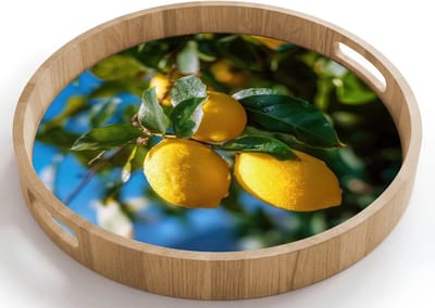 Dienblad rond 40x40 cm - Schootdienblad hout - Citroenen - Bladeren - Blauwe lucht - Borrelplank rechthoek - Plateau houten dienbladen