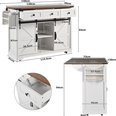 Urban Loft - Serie Metro - Keukenwagen / Keukeneiland 140 cm - Met Uitrekbaar Werkblad - Schuifdeuren & 3 Lades - Beige Houtlook & Multifunctioneel