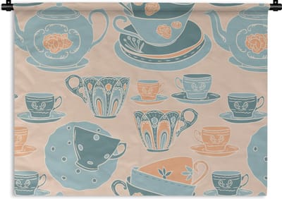 Wandkleed - Wanddoek - Patronen - Vintage - Kopje - Thee - 60x45 cm - Wandtapijt