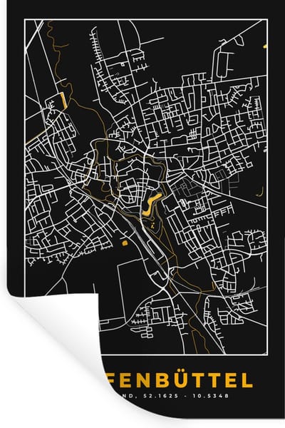 Muurstickers - Sticker Folie - Duitsland – Black and Gold – Wolfenbüttel – Stadskaart – Kaart – Plattegrond - 20x30 cm - Plakfolie - Muurstickers Kinderkamer - Zelfklevend Behang - Zelfklevend behangpapier - Stickerfolie