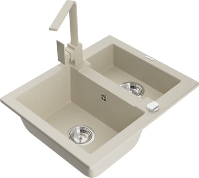 Mexen Carlos granieten gootsteen 1,5-kamer met keukenkraan Rita, beige - 6518-69-670300-69