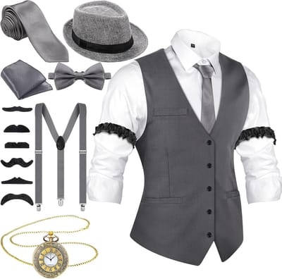 Stijlvolle 1920s Mannen Kostuumaccessoires met Gangster Vest, Fedora Hoed, Vintage Zakhorloge, Strik en Stevige Braces voor Feestjes en Themadagen