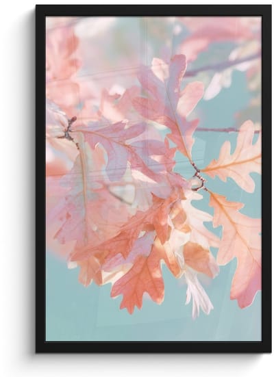 Poster in lijst - Fotolijst 40x60 cm - Posters - Eikenbladeren - Takken - Roze - Posterlijst zwart - Decoratie - Wanddecoratie woonkamer - Muurdecoratie slaapkamer