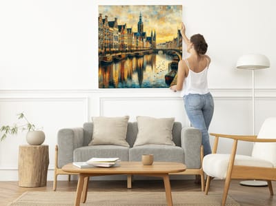 Olieverf groningen schilderij | Kleurrijk landschap schilderij: Groningen, stad van kunst en cultuur | Kunst - 75x75 centimeter op Forex | Foto op Forex