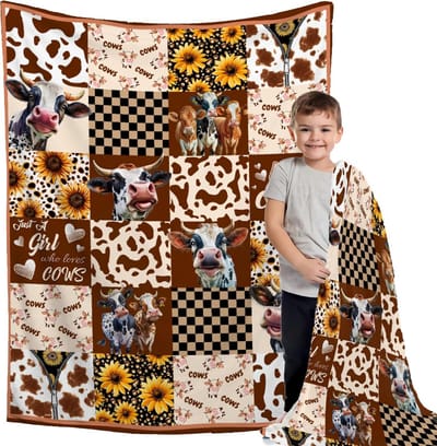 Zachte Flanellen Deken met Koeienprint en Zonnebloemen - Fleece Plaid voor Baby's en Kinderen